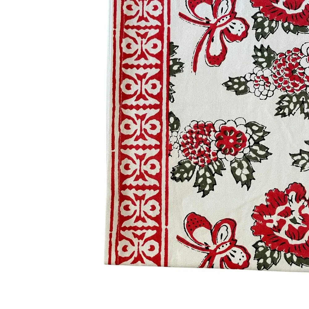Tiramisu Block Print Cotton Table Runner 14x108 Pink & Red Floral Butterfly NEW